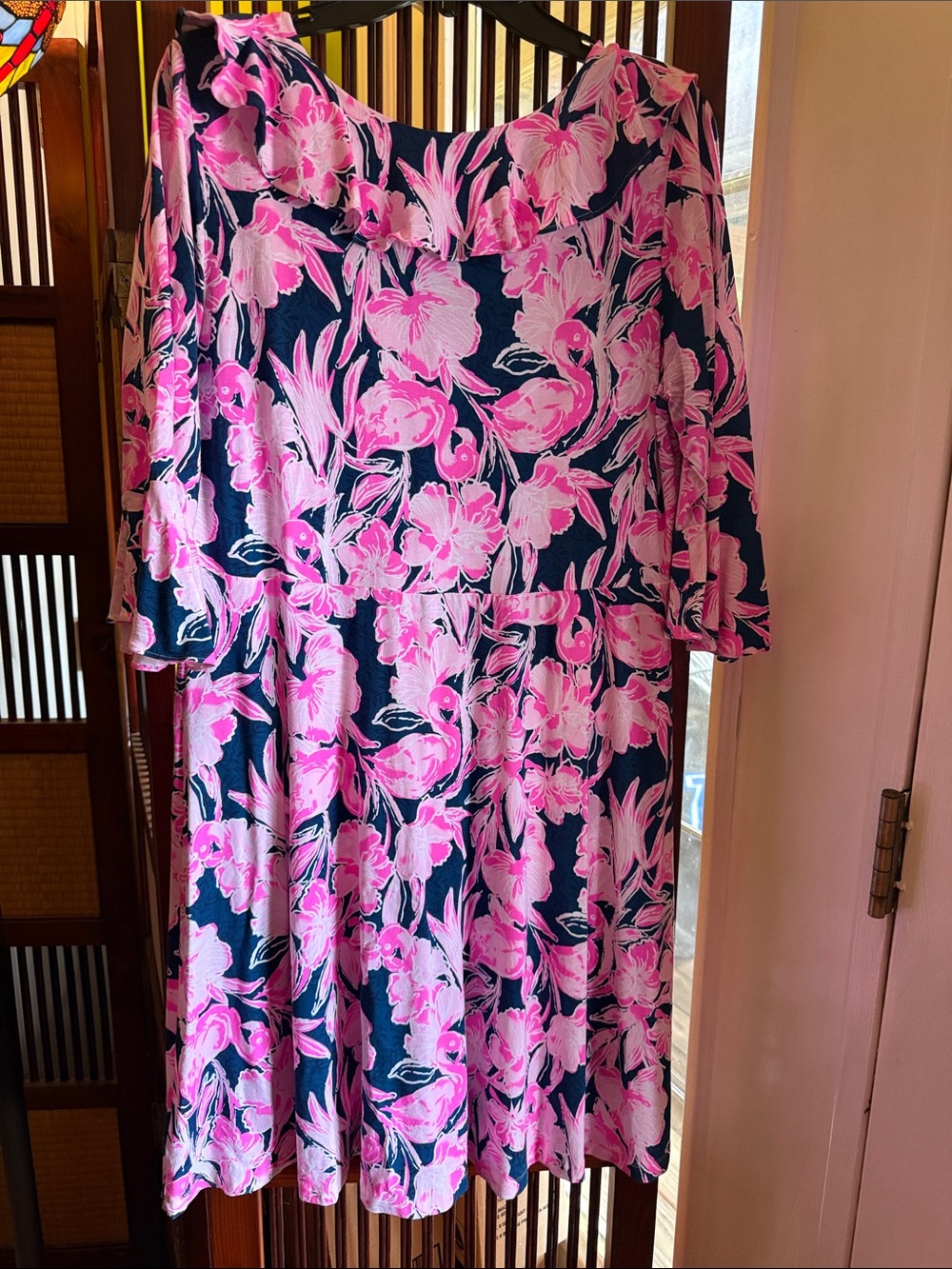 Lilly Pulitzer Navy Midi Dress with Pink Floral Print - Picture 3 of 4
